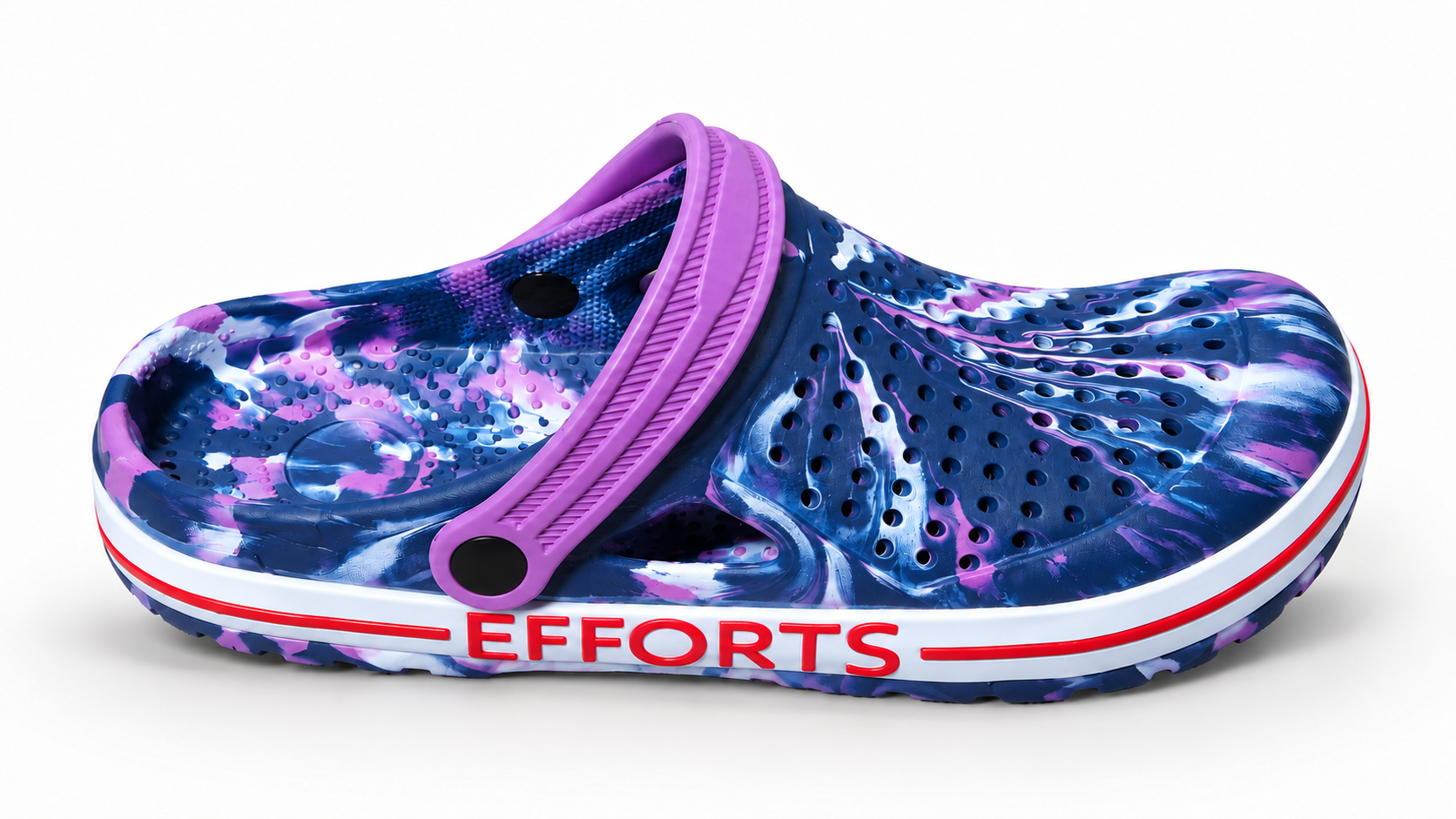 Blue and purple patterned Efforts clog